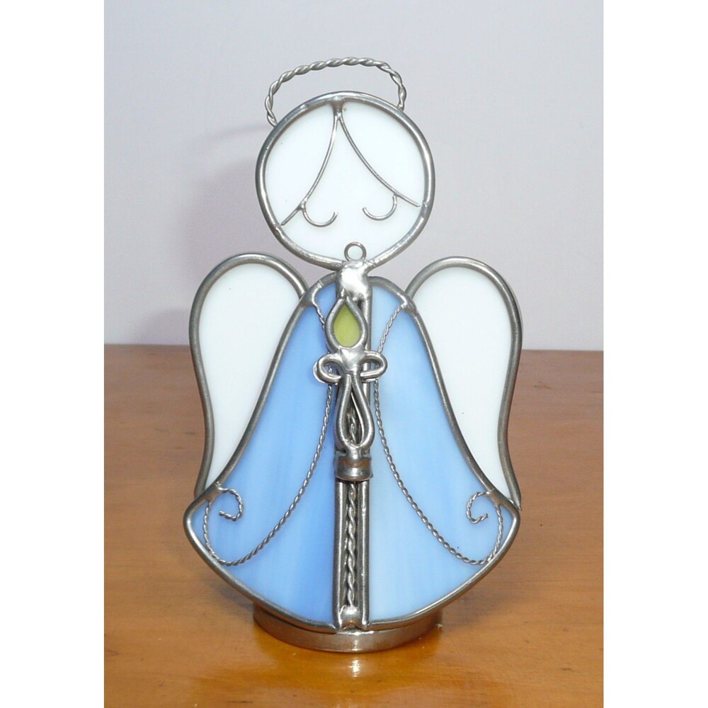 Angel Holding Candle White Blue Stained Glass Christmas Suncatcher 5.5” Tall